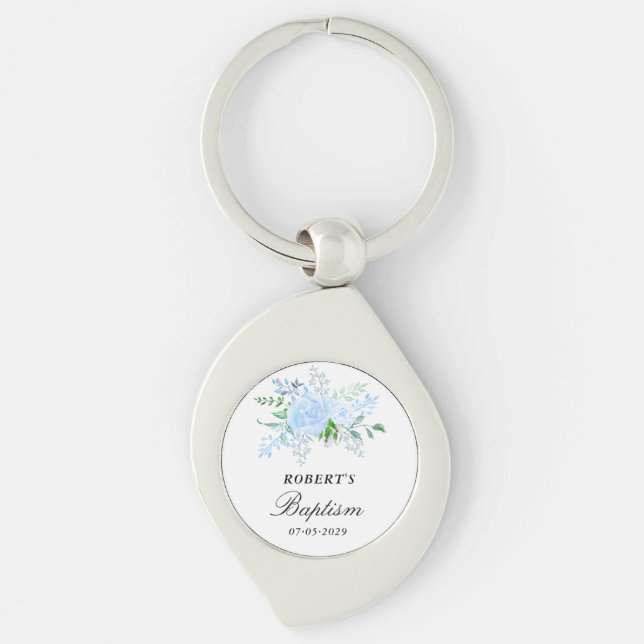 Blauer Blumenjunge-Taufgeschenk Schlüsselanhänger (Vorderseite)