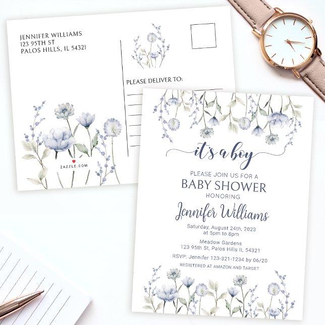 Blauer Blumenjungen Dusche Einladung Postkarte (Von Creator hochgeladen)