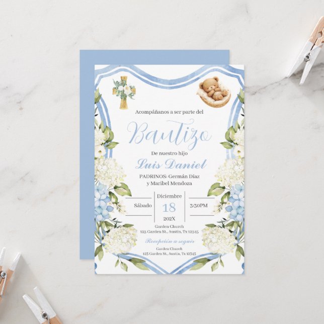 Blauer Blumenjungen Taufe Einladung Spanisch (Vorderseite/Rückseite Beispiel)