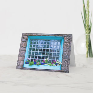 Blauer Blumenkasten mit Blumen Fotografie Karte