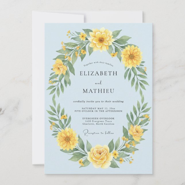 Blauer Blumenkranz Hochzeit Einladung (Vorderseite)