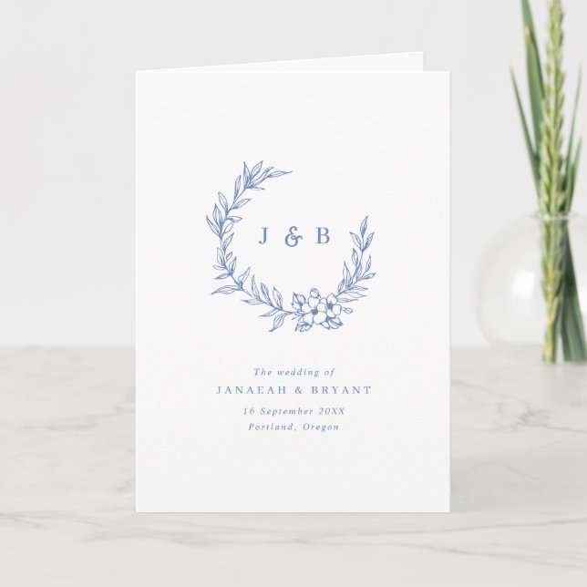 Blauer Blumenkranz Monogramm gefaltete Hochzeit  Programm (Vorderseite)