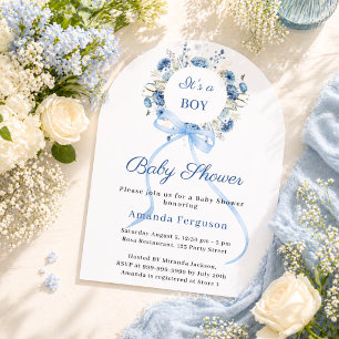 Blauer Blumenkranzbogen für Jungen Baby Shower Einladung