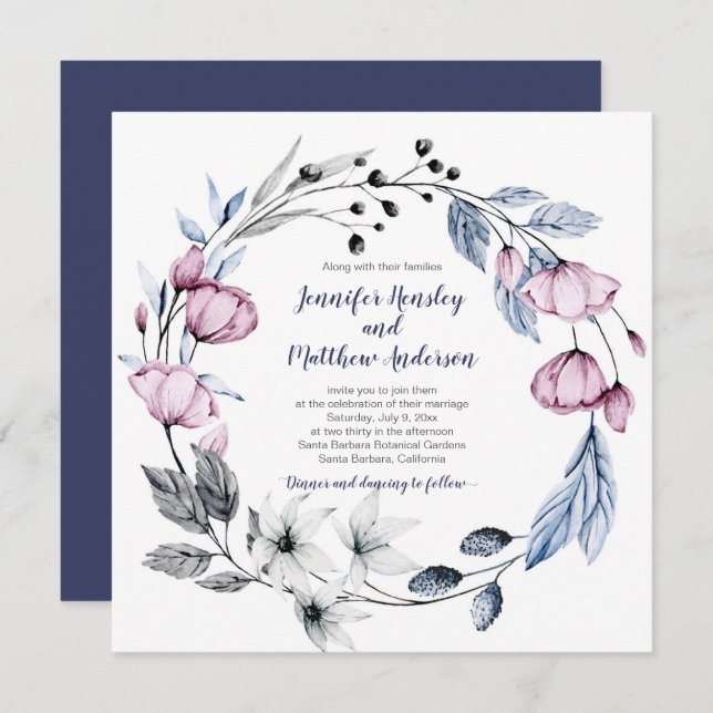 Blauer Blumenkraut Hochzeit in Rosa und Navy Einladung (Vorne/Hinten)