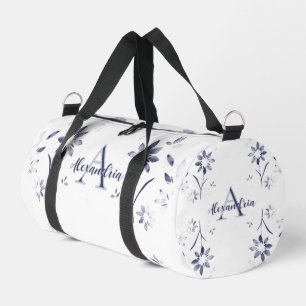 Blauer Blumenmonogramm-Name Duffle Bag