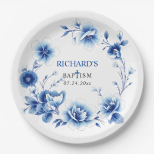 Blauer Blumenrahmen Chinoiserie Blume Junge Taufe Pappteller