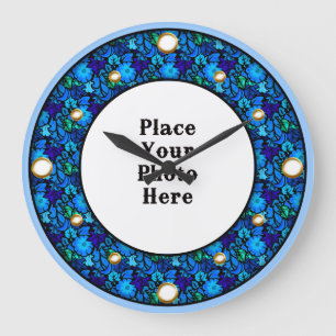 Blauer Blumenrahmen Ihre Foto-Uhr Große Wanduhr