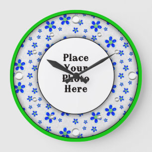 Blauer Blumenrahmen Ihre Foto-Uhr Große Wanduhr