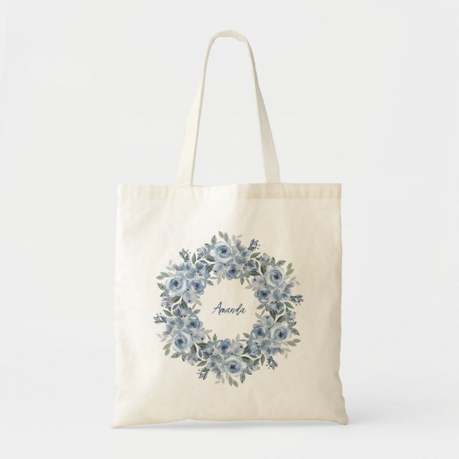 Blauer Blumenreath und Bow Personalisiert Tragetasche (Vorne)