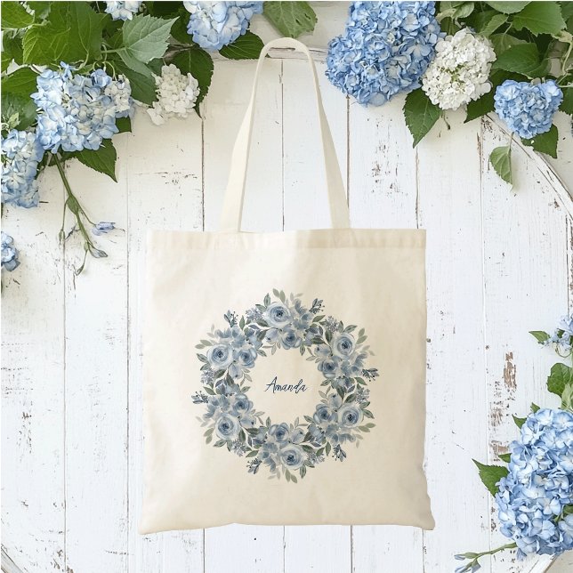 Blauer Blumenreath und Bow Personalisiert Tragetasche (Blue floral wreath tote bag)
