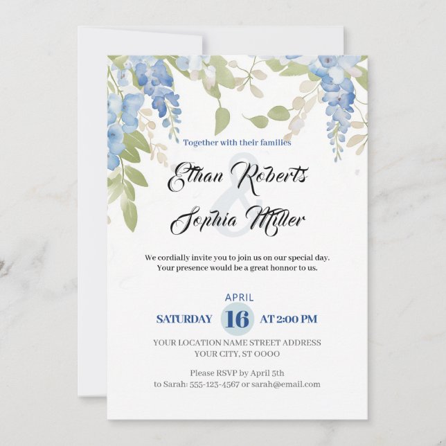 Blauer Blumenromantik Einladung zur Hochzeit (Vorderseite)