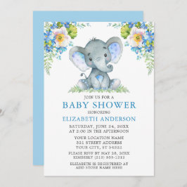 Blauer Blumenstrauß Elefant Babydusche Einladung