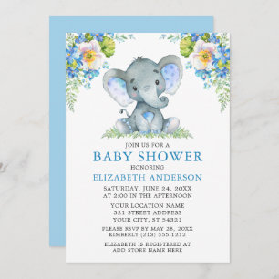 Blauer Blumenstrauß Elefant Babydusche Einladung