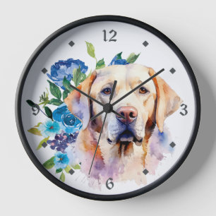 Blauer Blumenstrauß, gelbes Labrador Retriever Dog Uhr