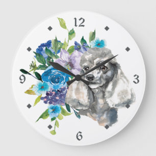 Blauer Blumenstrauß Grauer Poodle Hund Große Wanduhr