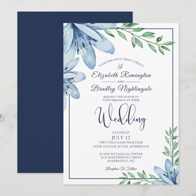 Blauer Blumenstrauß & Grüne Hochzeit Einladung (Vorne/Hinten)