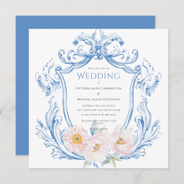 Blauer Blumenstrauß Hochzeit Einladung (Vorne/Hinten)