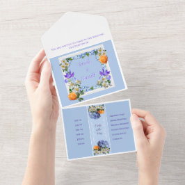 Blauer Blumenstrauß in einer Hochzeitsreise All In One Einladung