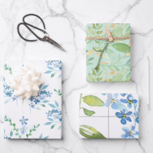 Blauer Blumenstrauß mit Foliage Geschenkpapier Set