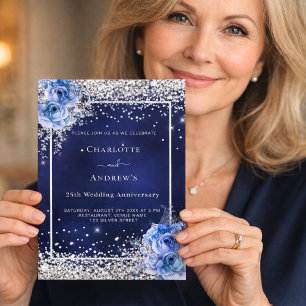 Blauer Blumenstrauß Silber 25. Hochzeit Einladung