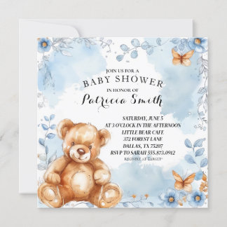 Blauer Blumenstrauß Teddy Bear Babydusche Einladung