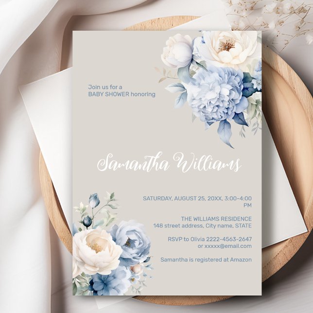 Blauer Blumenstrauß und Elfenbeinblütendusche Einl Einladung (Dusty blue watercolor flowers peonies rustic gender neutral baby shower invitation )