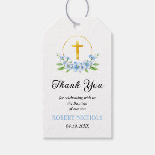Blauer Blumenstrauß und Goldkreuz Taufe Vielen Dan Geschenkanhänger
