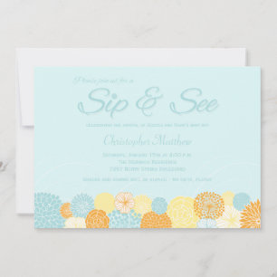 Blauer Blumenstrauß und neue Party Einladung des B