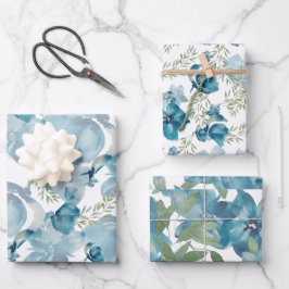 Blauer Blumenstrauß Wasserfarbe Handgestrichen Geschenkpapier Set