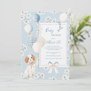 Blauer Blumenwelpe mit Ballons Elegantes Baby Einladung