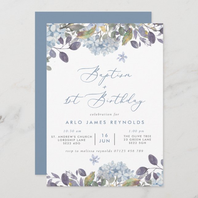 Blauer Blumenzauber Taufe & 1. Geburtstag Einladung (Vorne/Hinten)