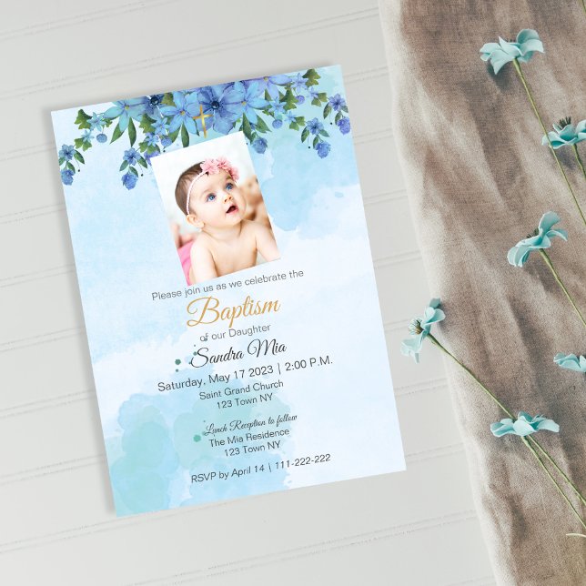 Blauer Blumenzwerg Einladung (Blue Floral Baptism Invite)