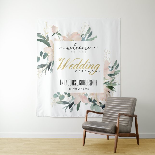 BLAUER BLUSH GOLD FLORAL WATERCOLOR WEDING WILLKOM WANDTEPPICH (Beispiel)