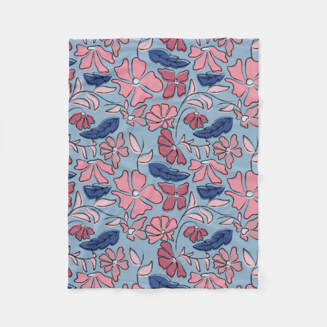 Blauer Blütenblock mit rosa und blauer Hand drucke Fleecedecke (Vorderseite)