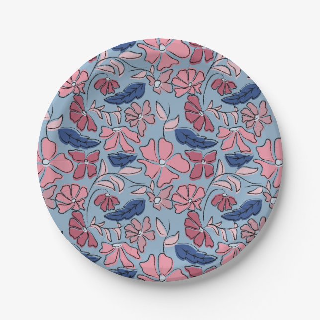 Blauer Blütenblock mit rosa und blauer Hand drucke Pappteller (Vorderseite)