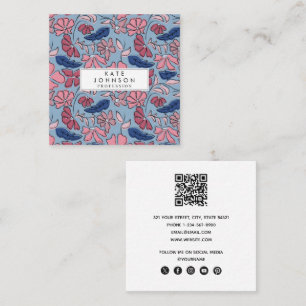 Blauer Blütenblock mit rosa und blauer Hand drucke Quadratische Visitenkarte