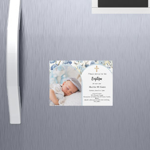 Blauer Blütenbock Foto Boy Cross Taufe Magneteinladung