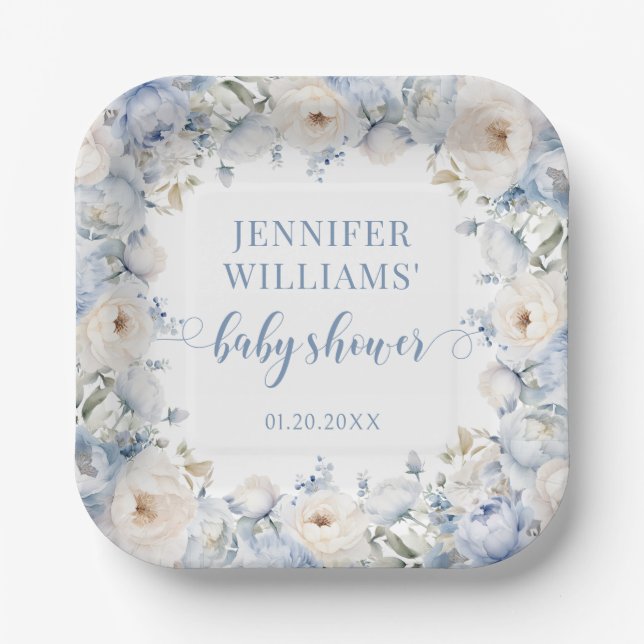 Blauer Blütenbraun Babydusche Papierplatte Pappteller (Vorderseite)