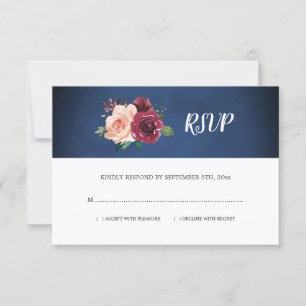 Blauer Blütenburgund Rose Blumenhochzeit RSVP Karte