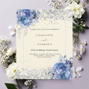 Blauer Blütencreme Silber 25. Hochzeit Einladung