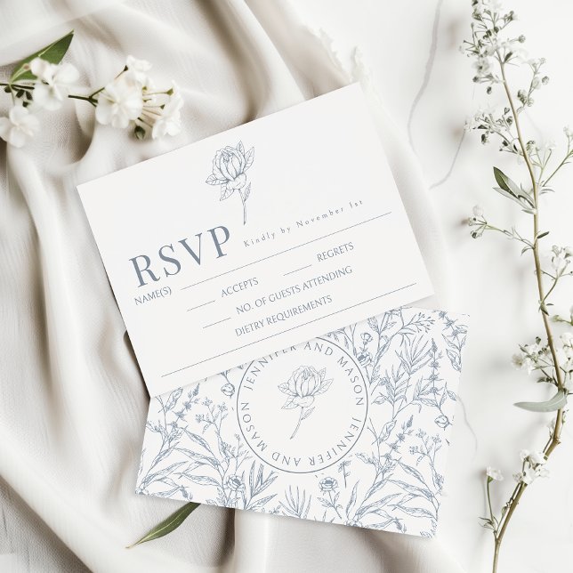 Blauer Blütenmonogramm Hochzeitansprechen RSVP-Kar RSVP Karte (Von Creator hochgeladen)