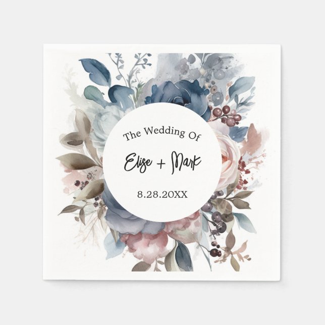 Blauer Blütenrosa Hochzeit Serviette (Vorderseite)