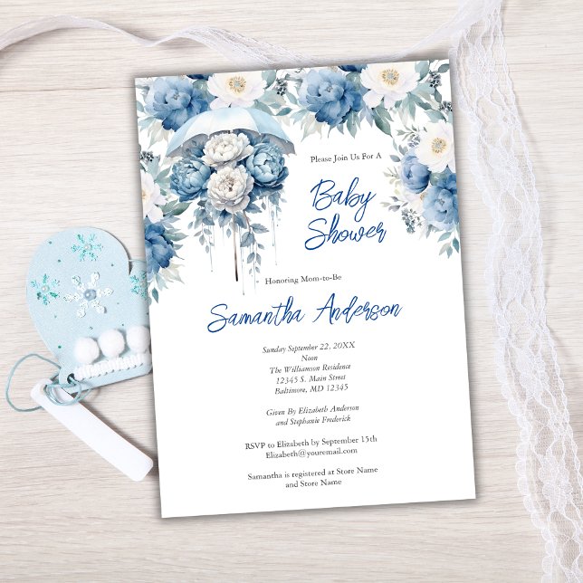 Blauer Blütenschirm Babydusche Einladung (Dusty Blue White Floral Baby Shower Umbrella Baby Boy Baby Shower Invitation)