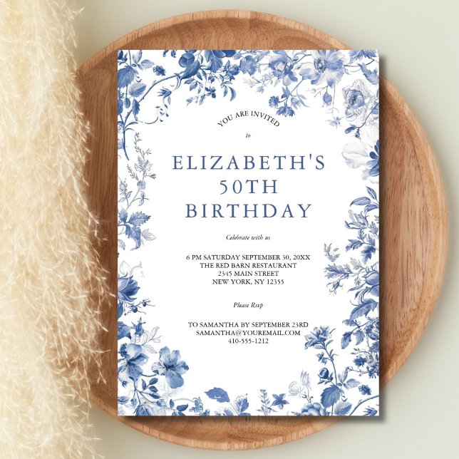 Blauer Blütenzahn 50. Geburtstag Einladung (Blue White Floral Toile Watercolor Elegant 50th birthday invitation for her. Printed or Digital)