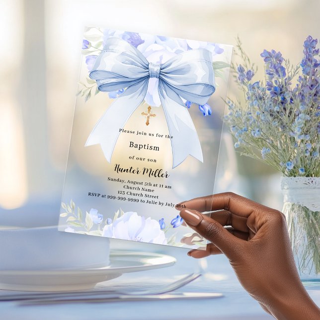 Blauer Bogen Blütenjunge klar Taufe Acryleinladungen (Von Creator hochgeladen)