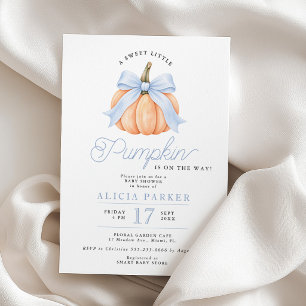 Blauer Bogen kleiner Kürbis eleganter Baby Shower Einladung