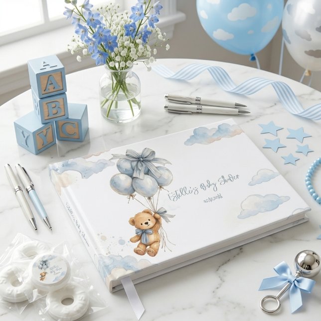 Blauer Bogen Teddybär Ballons Wolken Baby Junge Gästebuch (Von Creator hochgeladen)