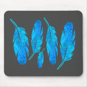Blauer Boho Federn blau und grau Mousepad