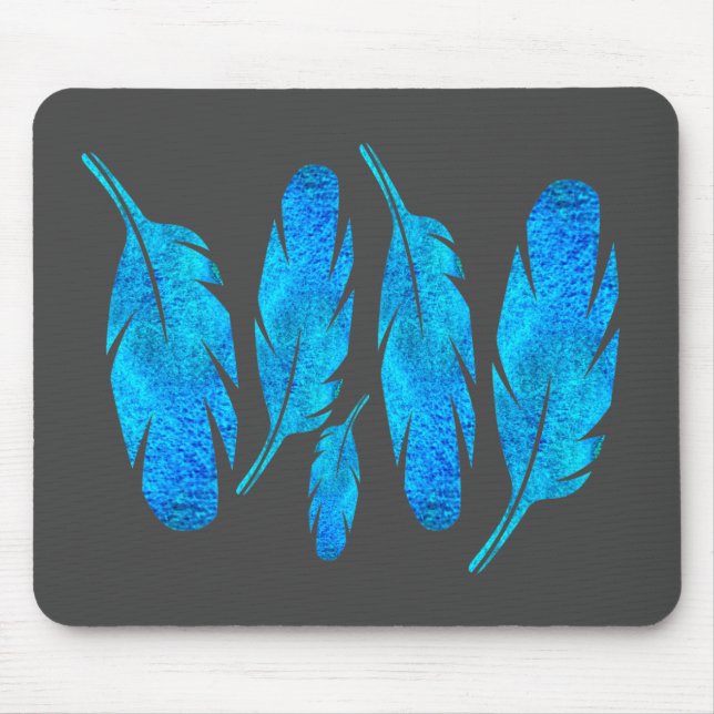 Blauer Boho Federn blau und grau Mousepad (Vorne)