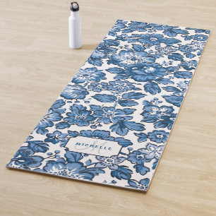 Blauer Boho Floral mit Name und Monogramm Yogamatte
